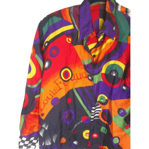 Vintage Louis Feraud Graphic Psychedelic Colorful Silk Blouse Shirt Size 10 - Picture 4 of 9